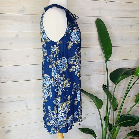 Blue Floral Sleeveless Short Shift Dress With Lace-up Neckline Size Small - Picture 4 of 8